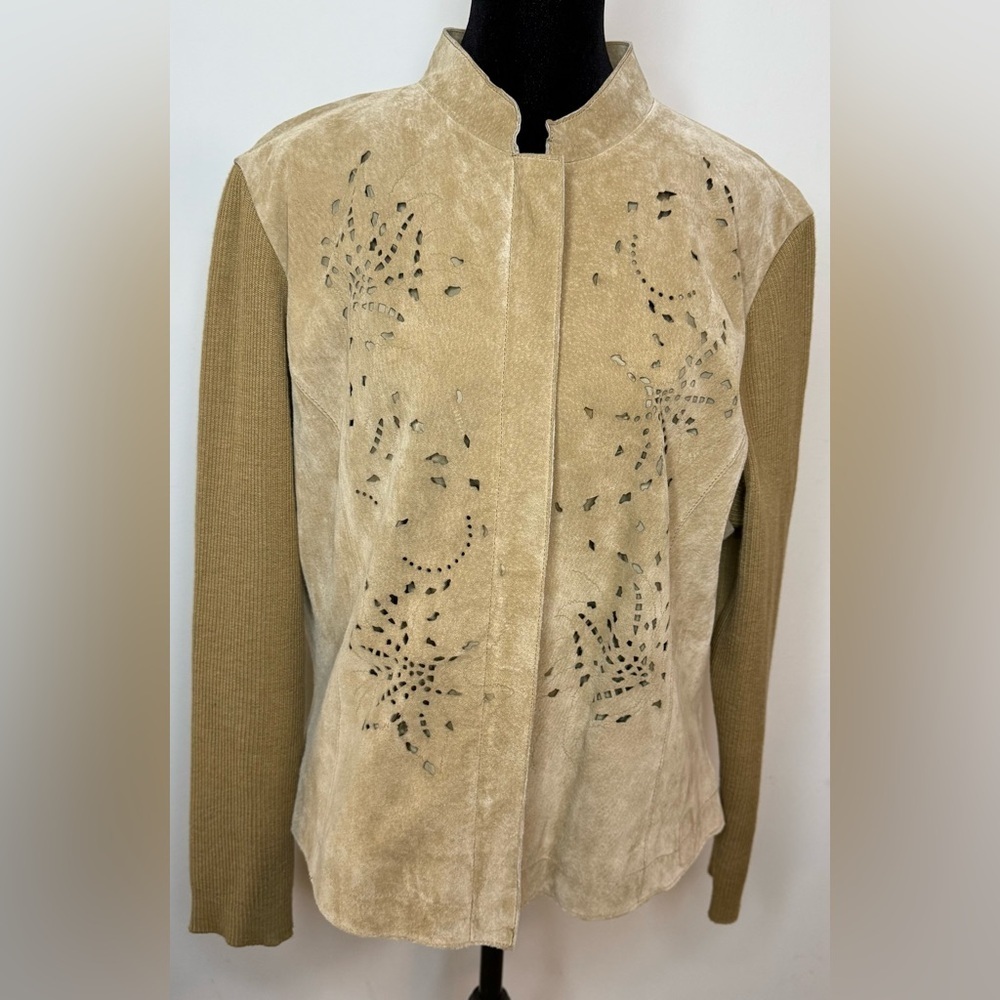 Coldwater Creek suede leather and knit zip front tan western jacket petite XL EC